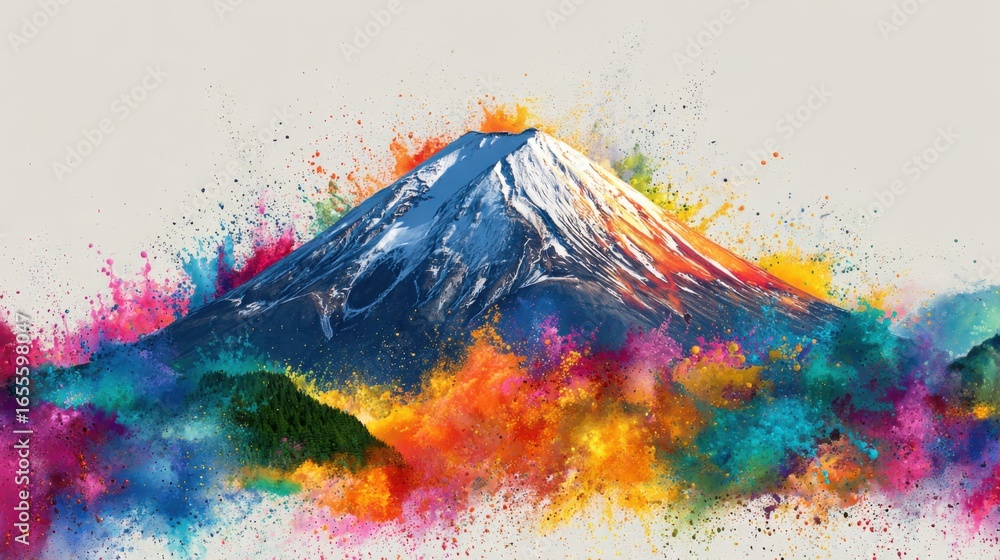 Poster a mountain with a colorful explosion of paint surrounding it. the colors are vibrant and the mountai