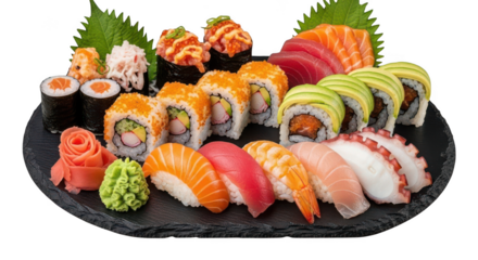 Assortment of fresh sushi and sashimi on a platter isolated on transparent background