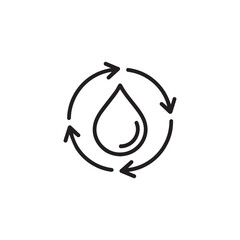 Water drop with circular arrows icon in black outline style for sustainability  

