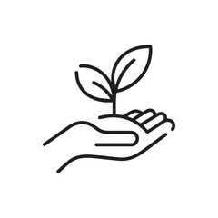 Hand holding sprouting plant icon in black outline style for sustainability  
