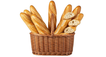 Freshly baked baguettes in a wicker basket isolated on transparent background