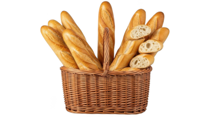 Freshly baked baguettes in a wicker basket isolated on transparent background