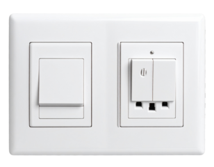 Modern White Electric Switch and Double Power Outlet Panel, Front View, Isolated on Transparent Background