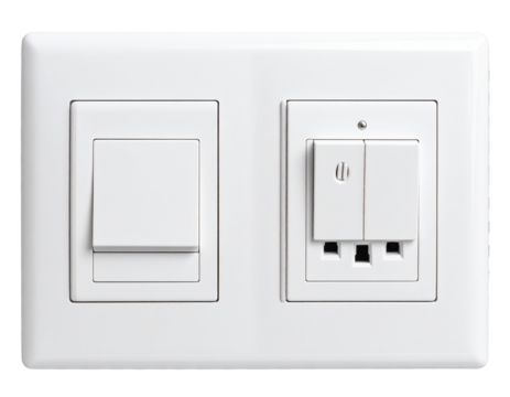 Modern White Electric Switch and Double Power Outlet Panel, Front View, Isolated on Transparent Background