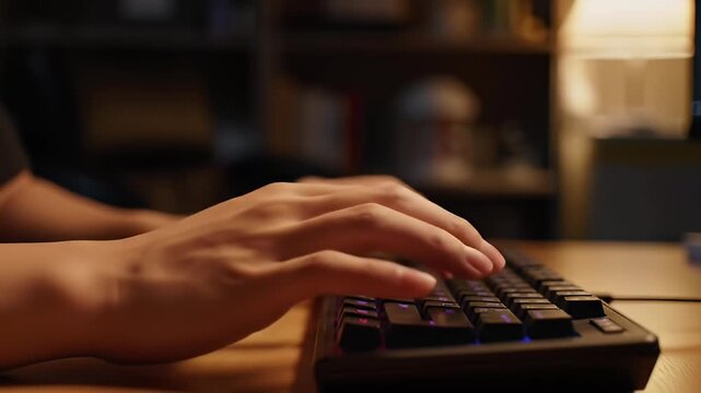 Hands typing on backlit computer keyboard on desk. Soft, warm light ambiance