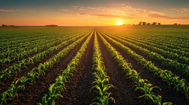 A field of corn is shown in the sun at dusk. The sun is setting behind the corn, casting a warm glow over the field. The corn is tall and green, with rows of stalks stretching out in all directions
