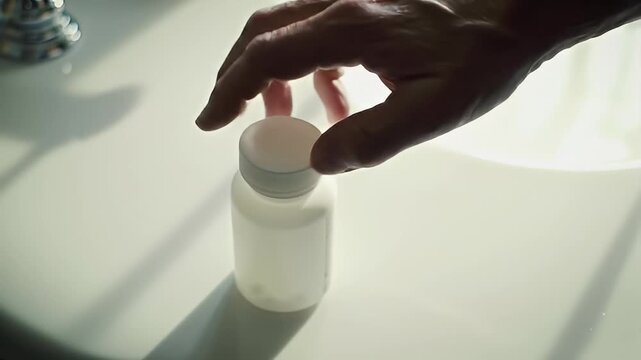 Hand reaching for white pill bottle on white surface under bright, indirect light