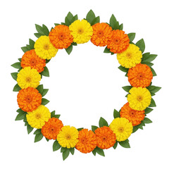Obraz premium Yellow and orange marigold flower wreath isolated on transparent background