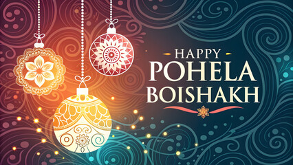 Naklejka premium Abstract Digital Artwork Happy Pohela Boishakh Featuring Ornate Hanging Ornaments in Warm and Cool Tones Against a Swirling Floral Background