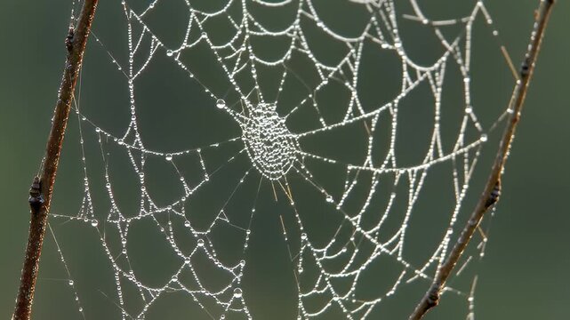 Dew-kissed spiderweb strung between branches glistens against a muted green background