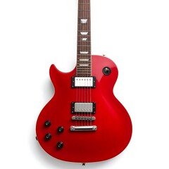Vibrant red electric guitar, glossy finish, seen from above against a white background