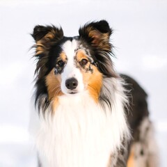 Fototapeta premium Fluffy dog in snowy landscape