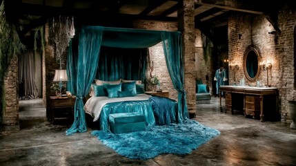 Luxurious Teal Bedroom Interior with Four-Poster Bed and Brick Walls