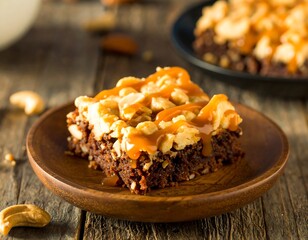 Caramel-topped brownie on a rustic wooden table