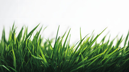 Obraz premium A detailed, low-angle view of lush green grass blades, sharply focused in the foreground with a clean white backdrop.