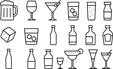 Assortment of Stylish Line Art Drinkware Illustrations Depicting Cocktails, Spirits, Beers, and Various Libation Containers on a White Background