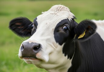 Young Black and White Dairy Cow Facing Camera in Green Pasture