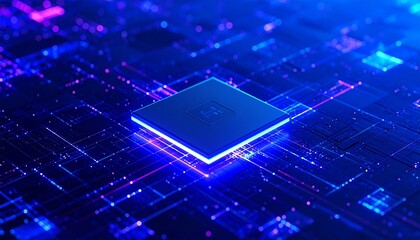Glowing blue processor chip on a circuit board, digital lines radiate outwards