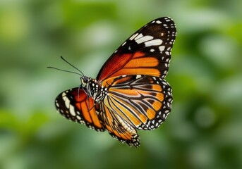 Obraz premium Colorful Monarch Butterfly in Flight with Green Blurred Background