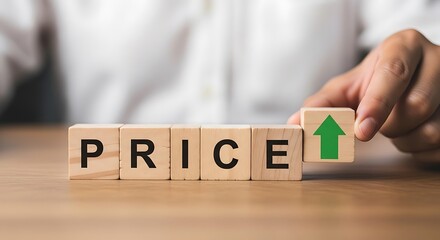Wooden blocks spelling out price with an upward arrow on the last block