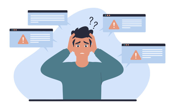 Frustrated man with hands on head surrounded by error message windows.