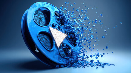 film reel unraveling into streaming play button icon made of pixels creative metaphor illustration concept scene visual for commercial design use high detail quality stock image illustration concept
