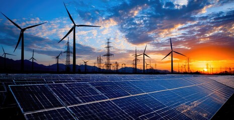 Sunrise over solar panels and wind turbines