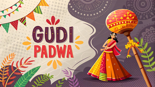 Bold Colorful Pop Art Style Gudi Padwa Celebration Illustration Featuring a Woman in a Vibrant Yellow and Orange Lehenga Choli Dancing Near a Gudi Flag Festive Bunting and
