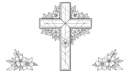 Coloring book of illustrations of a cross with floral decorations