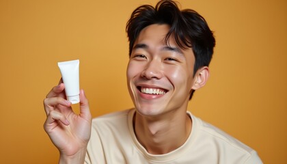 Cheerful portrait of a young man with a genuine smile and a skincare tube on a soft light brown background