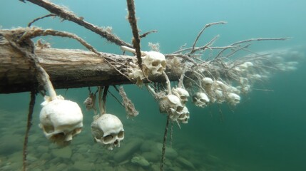 Submerged log with skulls