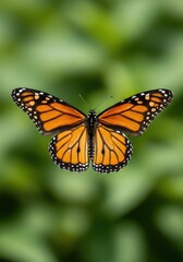Naklejka premium Monarch Butterfly with Bright Orange and Black Wings Flying in Green Natural Environment
