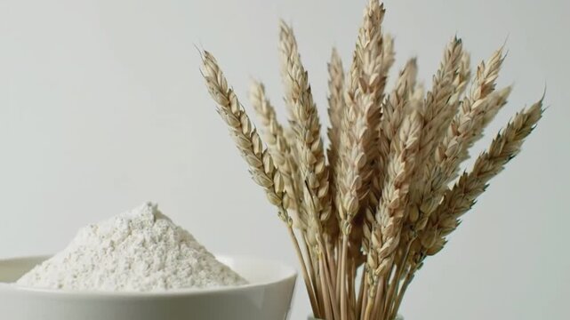A bundle of dried wheat stalks standing upright next to a bowl of flour, isolated on white background
