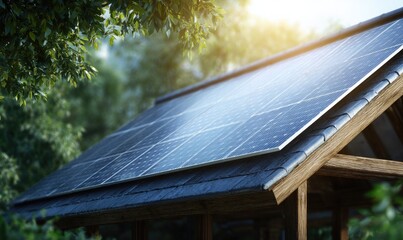 Solar panels on a wooden roof, surrounded by greenery