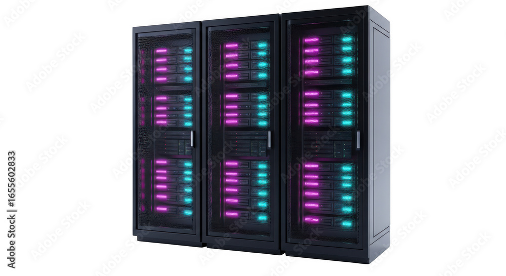 Poster three illuminated server racks isolated on transparent background