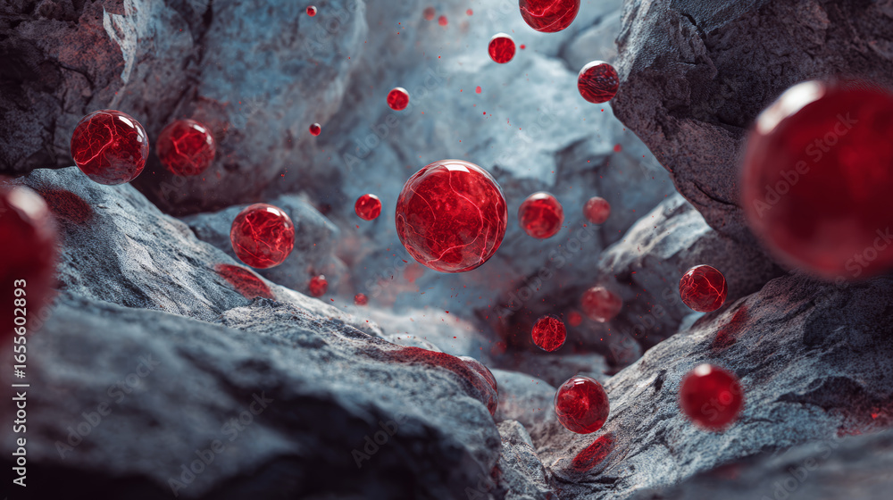 Poster red spheres float among textured gray rocks, creating surreal, mysterious, and dynamic abstract scen