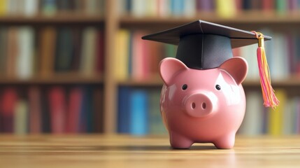 A pink piggy bank wearing a graduation cap symbolizes saving for education, set against a blurred bookshelf backdrop.