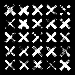 Obraz premium Grunge crosses, brush strokes, x mark, lines, ink smudges, hand-drawn scribble shapes. Handmade sketchy marks, acrylic stains, charcoal streaks. Paint textures, dry brush effect. Vector illustration
