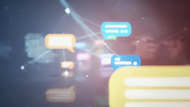 Abstract network with speech bubbles, connecting points, and blurred background