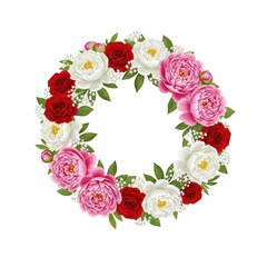 Circular wreath of pink, white, and red roses and peonies isolated on transparent background