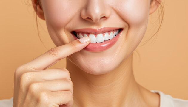 Smiling woman white teeth healthy skin closeup finger pointing happiness beauty natural cheerful youthful
