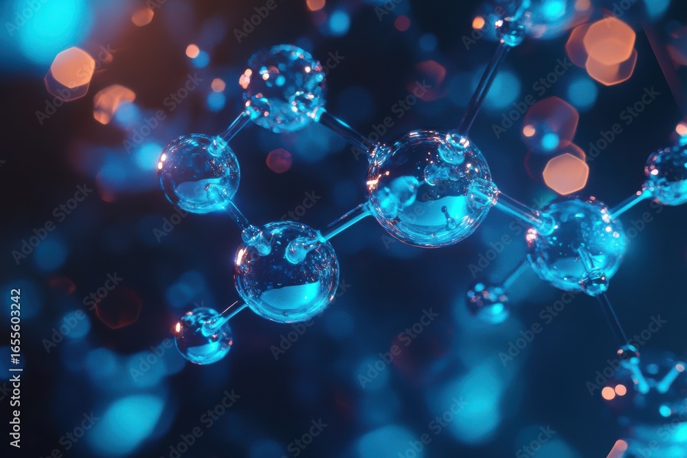 Poster molecular structure with blue hue and bokeh, featuring scientific and technological design elements
