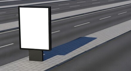 Blank Advertising Billboard on Modern City Sidewalk Next to Road