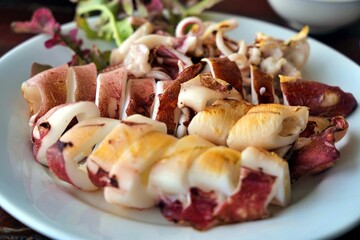 Grilled squid slices served on elegant plate, Close up