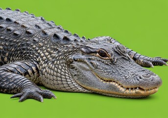 Fototapeta premium Crocodile Resting on Green Surface with Textured Skin and Sharp Teeth