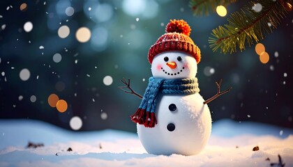 Snowman in snowy forest scene