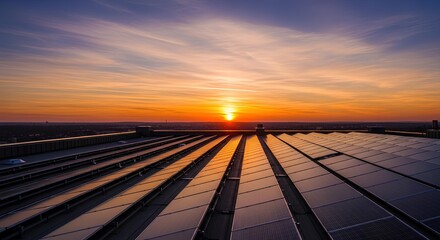 Rooftop solar panel farm illuminated by a vibrant sunset, a symbol of clean, renewable energy technology and sustainability.