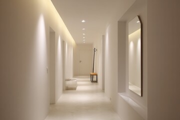 Fototapeta premium Modern, Minimalist White Hallway with Spotlights and Mirror