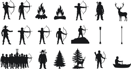 Silhouettes of archers aiming bows, bonfire flames, hunters, deer, arrows, pine trees, group of archers, outdoor camping, hunting adventure, nature wilderness, bow and arrow sport