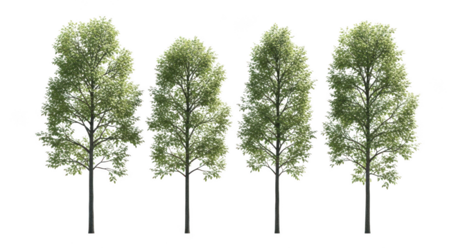 Four tall green trees isolated on transparent background